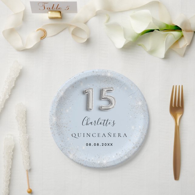 Quinceanera baby blue silver glitter dust paper plate (Wedding)