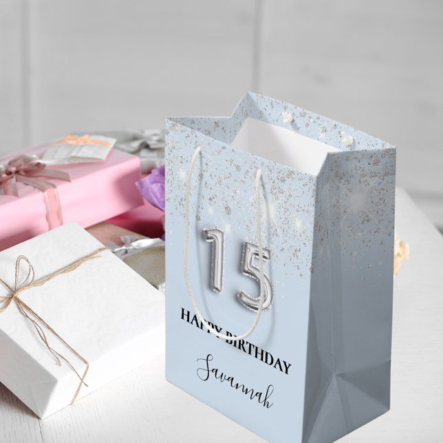 Quinceanera baby blue silver glitter name medium gift bag (Creator Uploaded)
