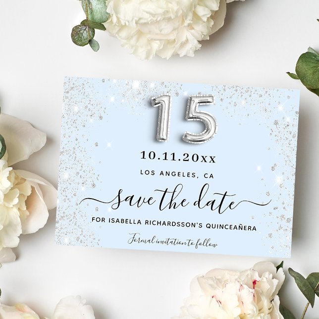 Quinceanera baby blue silver glitter party save the date (Creator Uploaded)