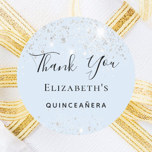 Quinceanera baby blue silver glitter Thank You Classic Round Sticker