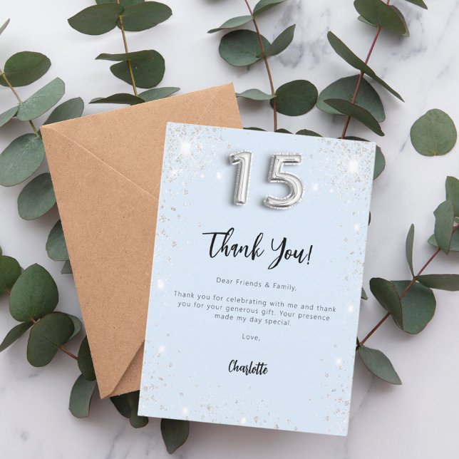Quinceanera baby blue silver thank you card (Creator Uploaded)