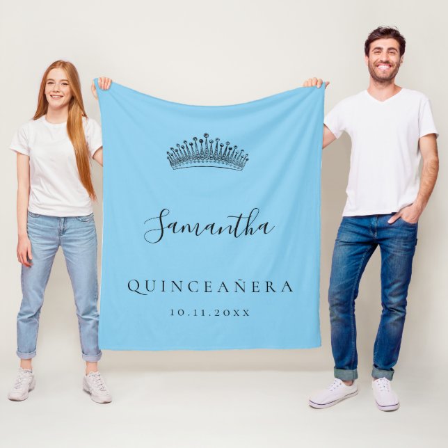 Quinceanera baby blue tiara crown name fleece blanket (In Situ)