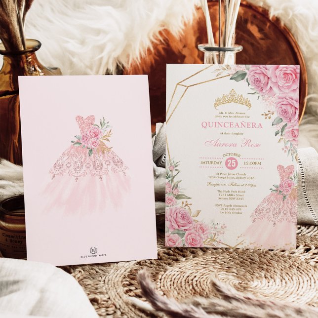 Quinceañera Baby Pink Floral Gold Crown Princess Invitation (Creator Uploaded)