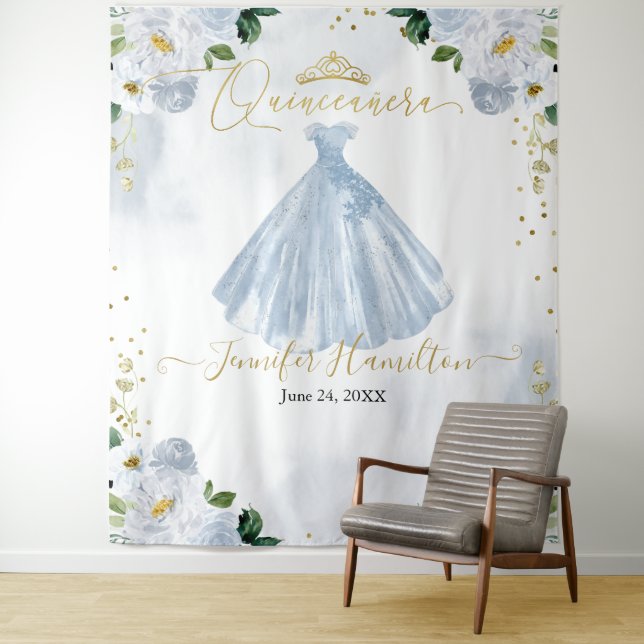 Quinceanera Backdrop Blue Floral Pink Dress Tapestry (In Situ)