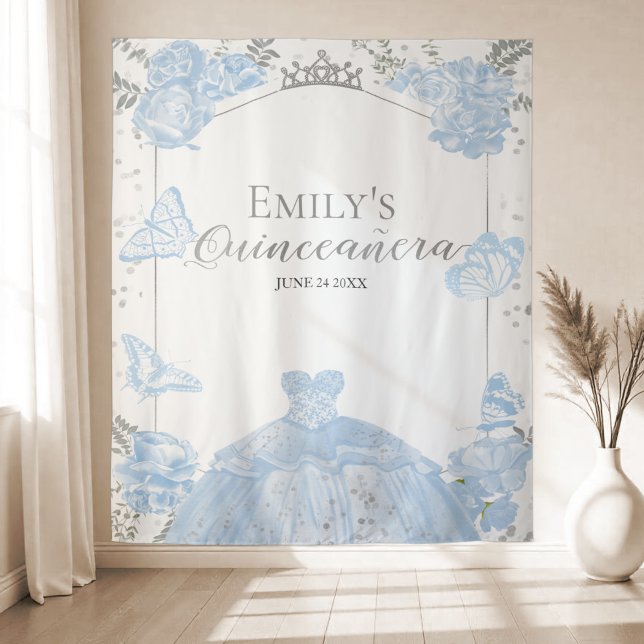 Quinceanera Backdrop Dusty Blue Dress Butterfly Tapestry (Creator Uploaded)