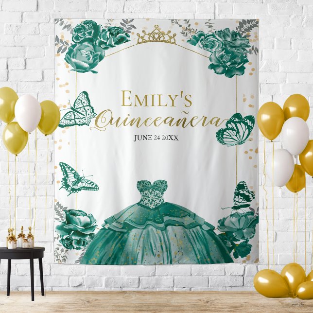 Quinceanera Backdrop Emerald Green Dress Floral Tapestry (Creator Uploaded)