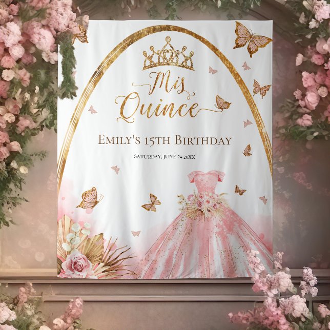 Quinceanera Backdrop | Floral Blush Pink Gown Tapestry (Creator Uploaded)