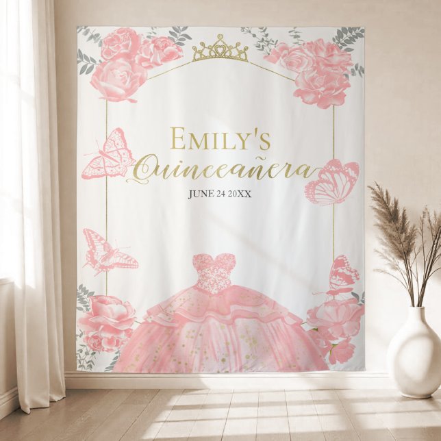 Quinceanera Backdrop Pink Dress Floral Gold Foil Tapestry (Creator Uploaded)
