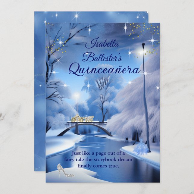 Quinceanera Birthday Blue Fairytale Carriage Dress Invitation (Front/Back)
