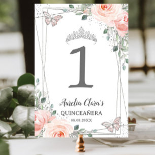 Quinceañera Birthday Blush Pink Floral Butterflies Table Number