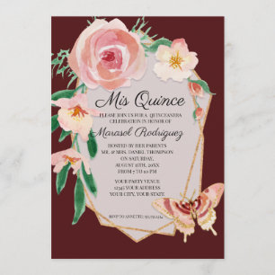 Quinceanera Birthday Burgundy Red Watercolor Roses Invitation