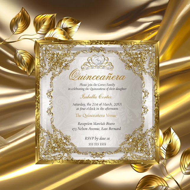Quinceanera Birthday Gold Beige Pearl Damask Invitation (Creator Uploaded)