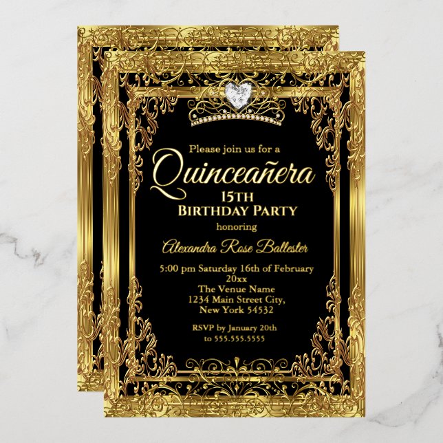 Quinceanera Birthday Gold Black Photo (Front/Back)
