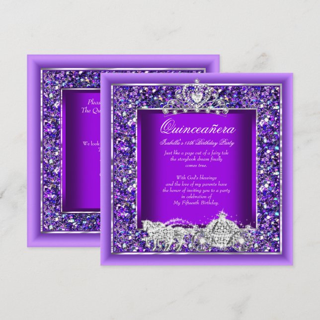 Quinceanera Birthday Horse Carriage Purple Invitation (Front/Back)
