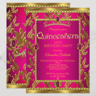 Quinceanera Birthday Hot Pink Jewel Tiara Gold Invitation
