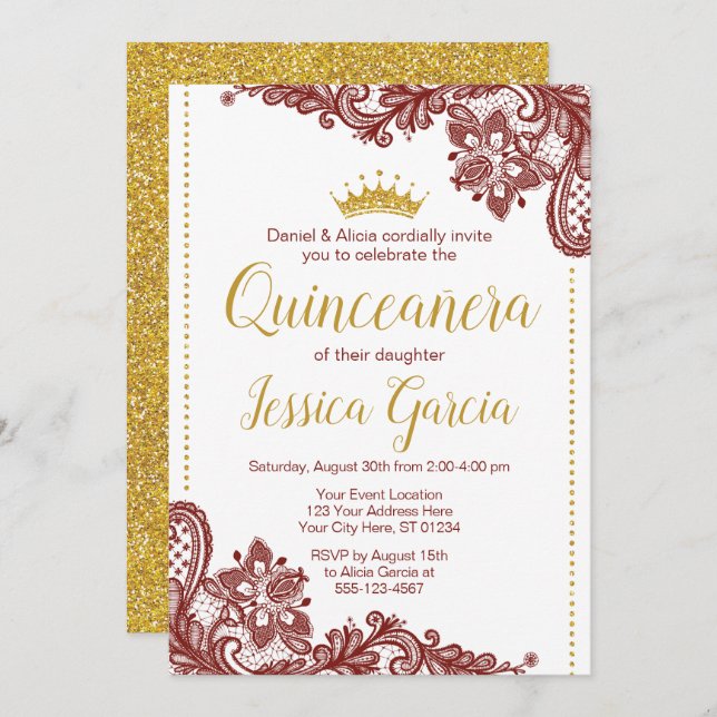 Quinceañera Birthday Invitation | Dark Red & Gold (Front/Back)