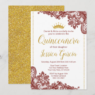 Quinceañera Birthday Invitation Dark Red & Gold