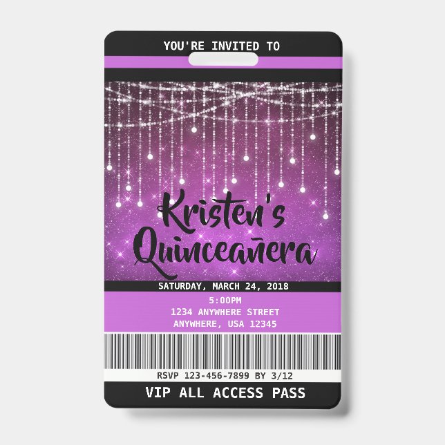 Quinceanera Birthday Invitations, Sweet 16 Invite ID Badge (Front)