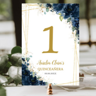 Quinceañera Birthday Navy Blue Floral Gold  Table Number
