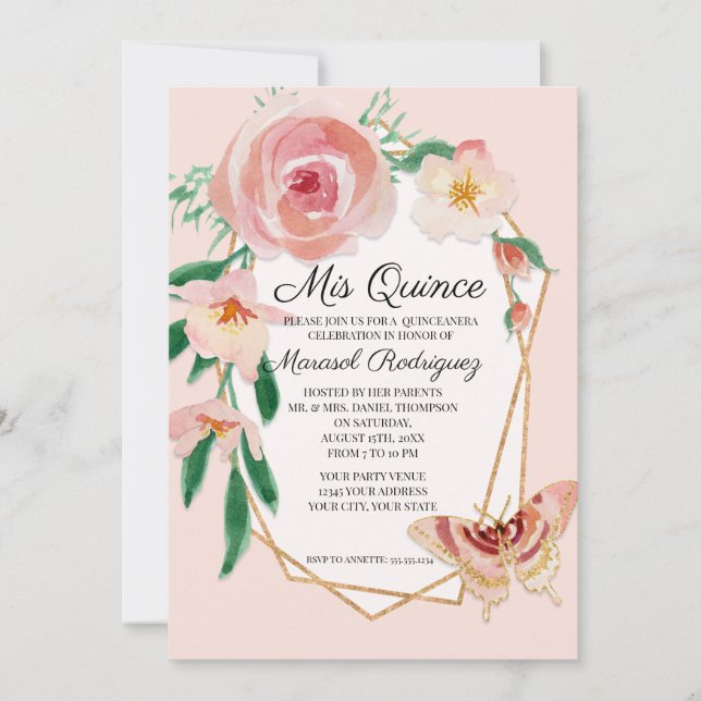 Quinceanera Birthday Party Blush Watercolor Roses Invitation (Front)