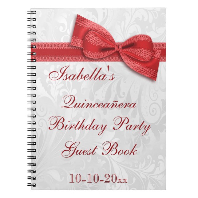 Quinceañera Birthday Party Damask and Bow Notebook (Front)