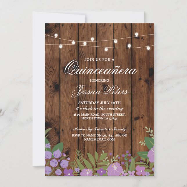 Quinceanera Birthday Party Floral Wood Invite 15th (Front)