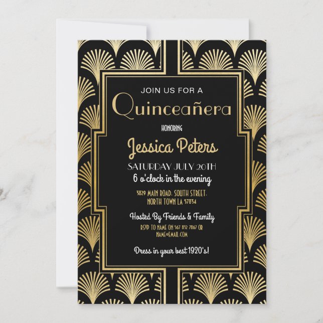Quinceañera Birthday Party Gatsby Art Deco Gold Invitation (Front)