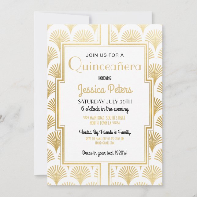 Quinceanera Birthday Party Gatsby Art Deco Gold Invitation (Front)