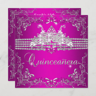 Quinceanera Birthday Party Hot Pink Silver Tiara Invitation