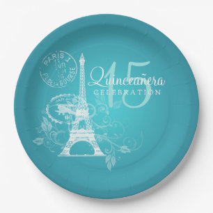 Quinceanera Birthday Party Paris Turquoise Paper Plate