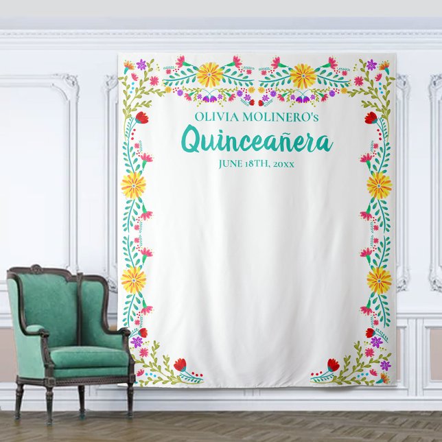Quinceanera Birthday Party Photo Backdrop Floral Tapestry (Creator Uploaded)