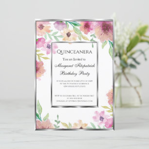 Quinceanera birthday party pink flowers  invitation
