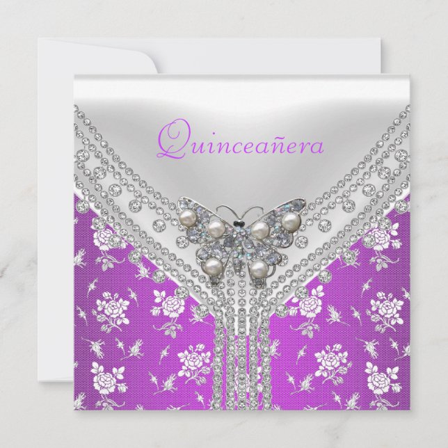 Quinceañera Birthday Party Purple White Butterfly Invitation (Front)