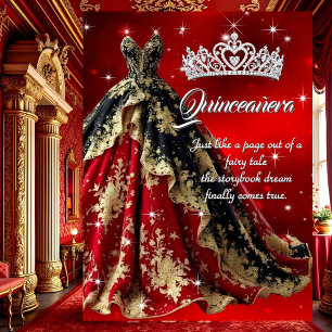 Quinceanera Birthday Party Red Gold Black Dress Invitation