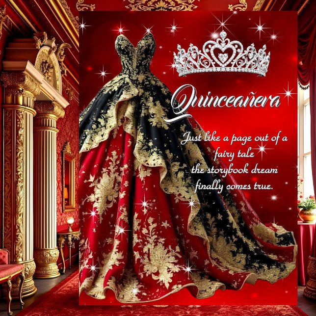 Quinceanera Birthday Party Red Gold Black Dress Invitation (Creator Uploaded)