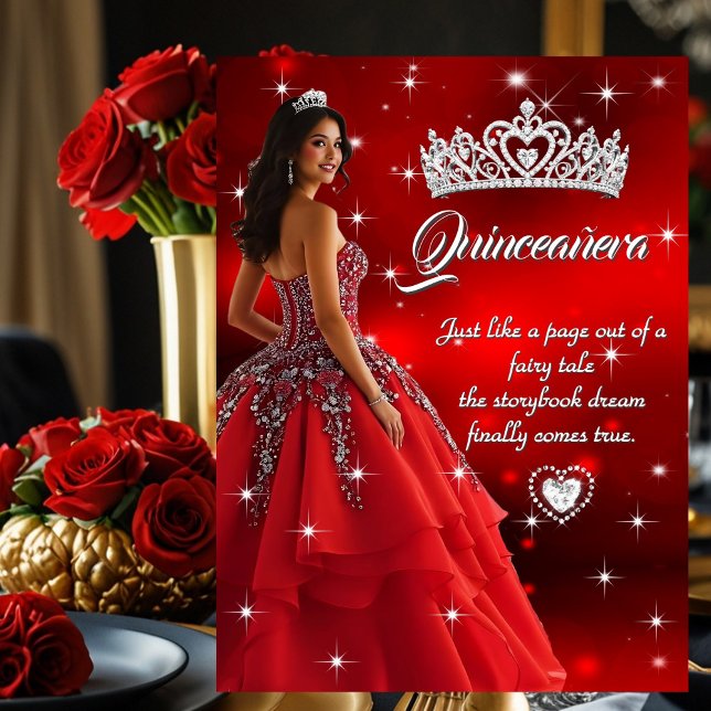 Quinceanera Birthday Party Red Silver Dress Tiara Invitation (Creator Uploaded)