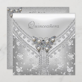 Quinceanera Birthday Party Silver White Butterfly Invitation