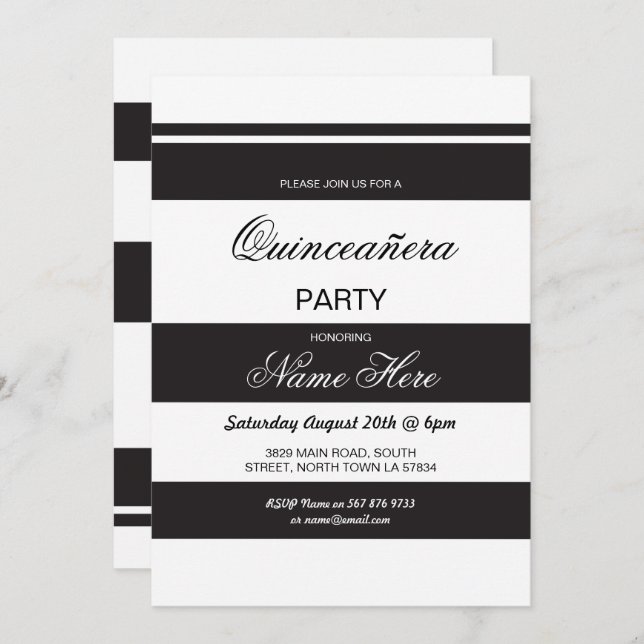 Quinceanera Birthday Party Stripe Black Invite 15 (Front/Back)