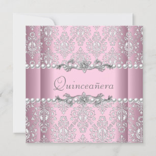 Quinceañera Birthday Pink Silver White Pearl Lace Invitation