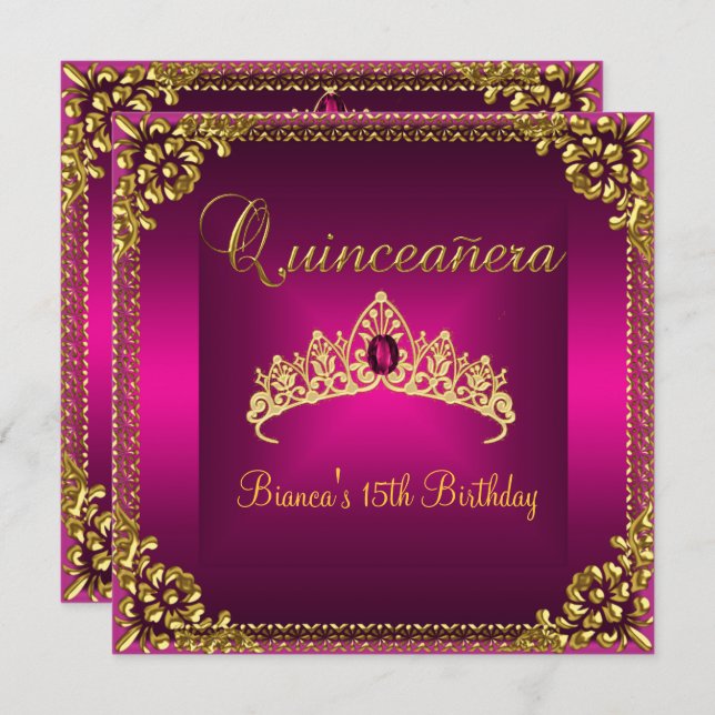 Quinceanera Birthday Pink Tiara Gold Gem Jewel Invitation (Front/Back)