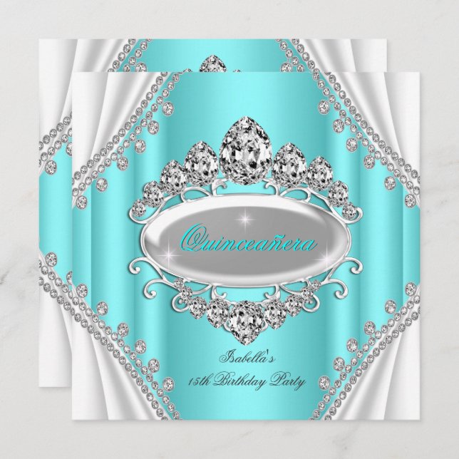 Quinceañera Birthday Princess Teal Diamond Invitation (Front/Back)
