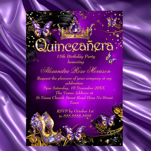 Quinceanera birthday purple Gold Black Butterfly Invitation (Creator Uploaded)