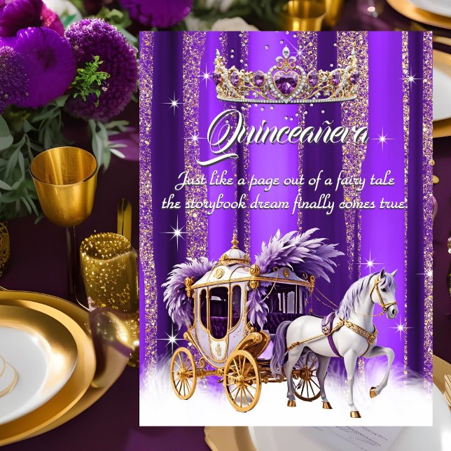 Quinceanera Birthday Purple Gold Silver Carriage  Invitation (Creator Uploaded)