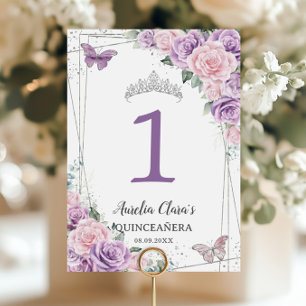 Quinceañera Birthday Purple Lilac Pale Pink Floral Table Number