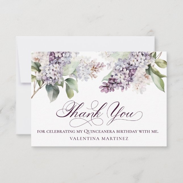 Quinceanera Birthday Purple Lilac Spring Flower Thank You Card (Front)