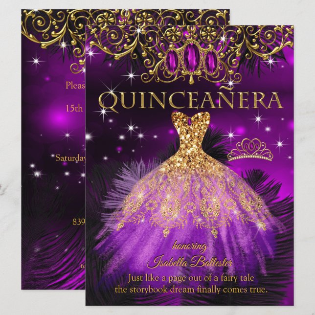Quinceanera Birthday Purple Magenta Tiara Gold 2 Invitation (Front/Back)
