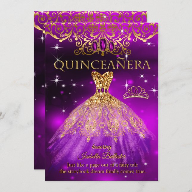 Quinceanera Birthday Purple Magenta Tiara Gold Invitation (Front/Back)