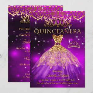 Quinceanera Birthday Purple Magenta Tiara Gold Invitation