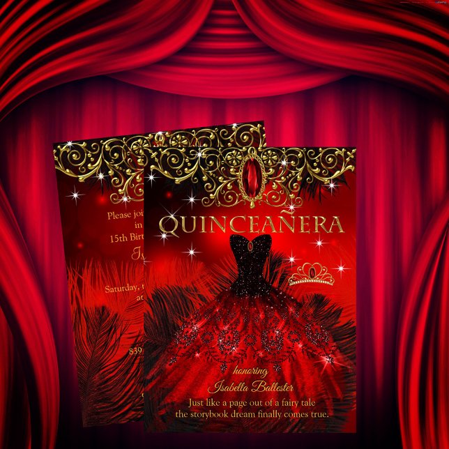 Quinceanera Birthday Red Black Feathers Tiara Gold Invitation (Creator Uploaded)