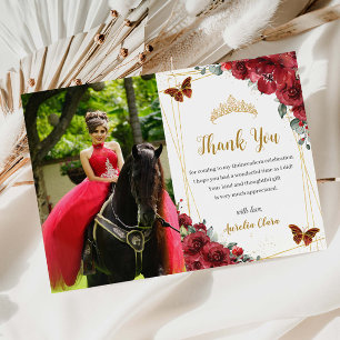 Quinceañera Birthday Red Floral Butterflies Photo Thank You Card